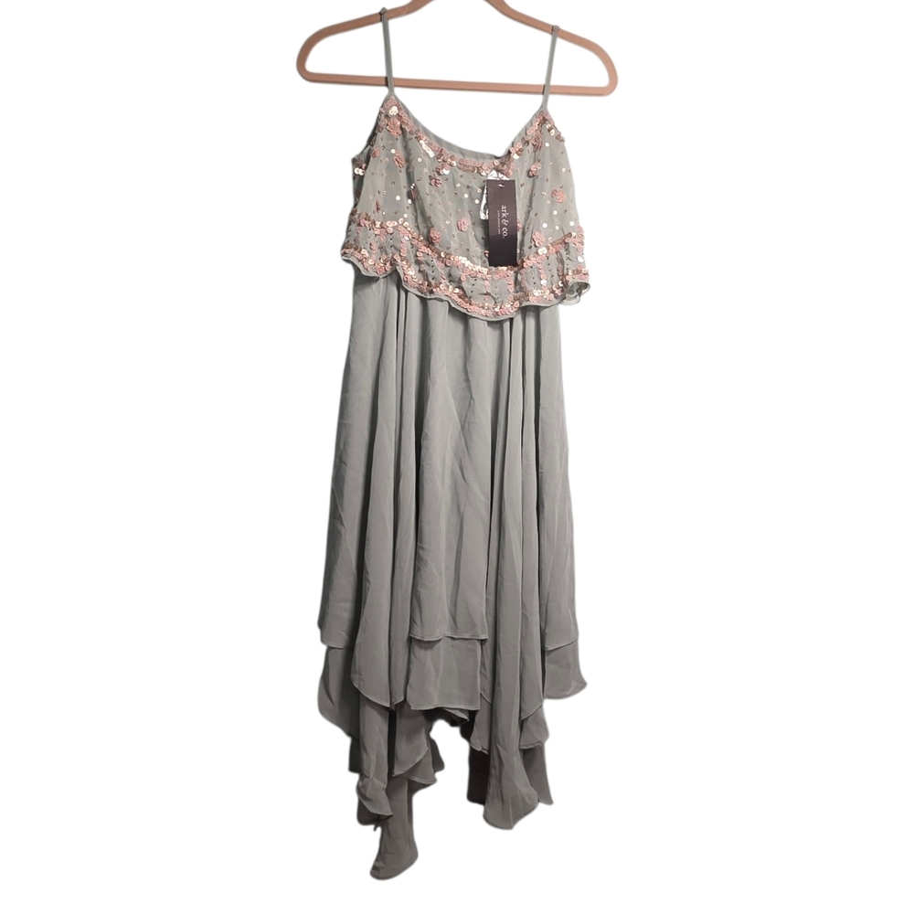 Ark & Co Dress Womens Sz S Sage Sequin Flowy Chiffon Asymmetrical Cocktail Boho